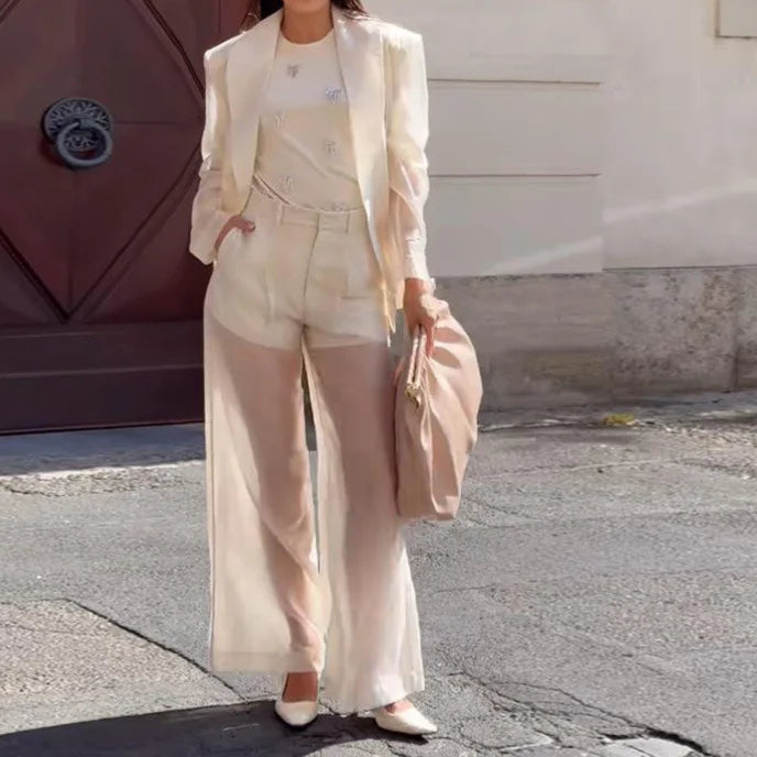 Sexy See Through Silk Set Women Elegant Blazer Coat Loose Shirt Wide-leg Pants
