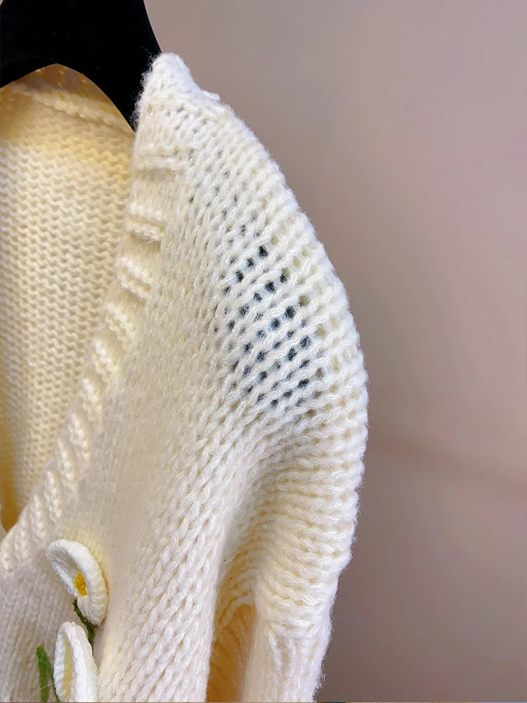 Women Handknit Floral Vintage Apricot Cardigan Women Sweater Clothes Knitwear