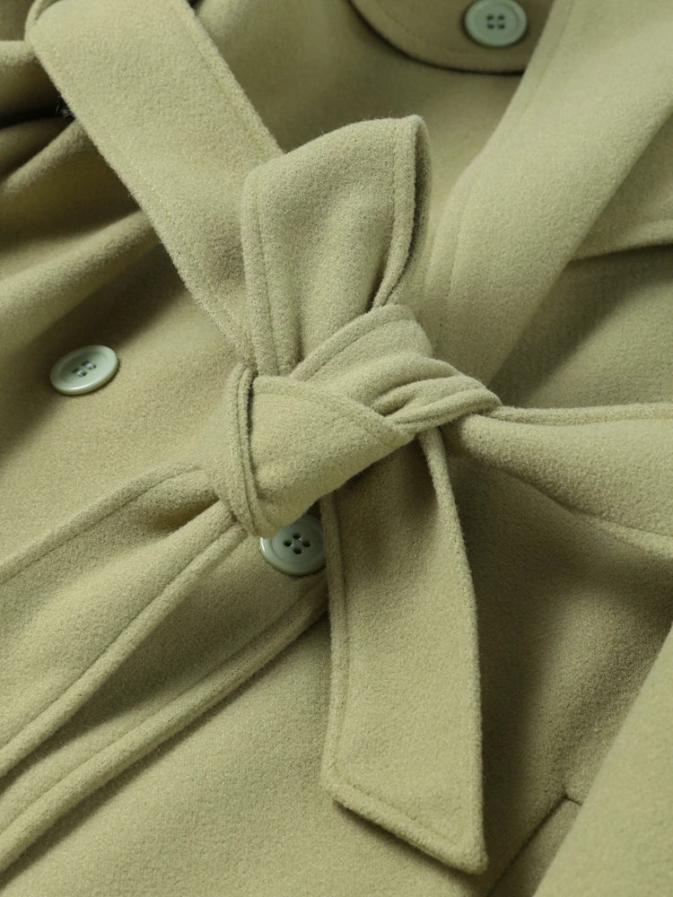 Urban Solid Double Breasted Long Women Coat Loose Full Sleeve Belt Double Breasted Jacket