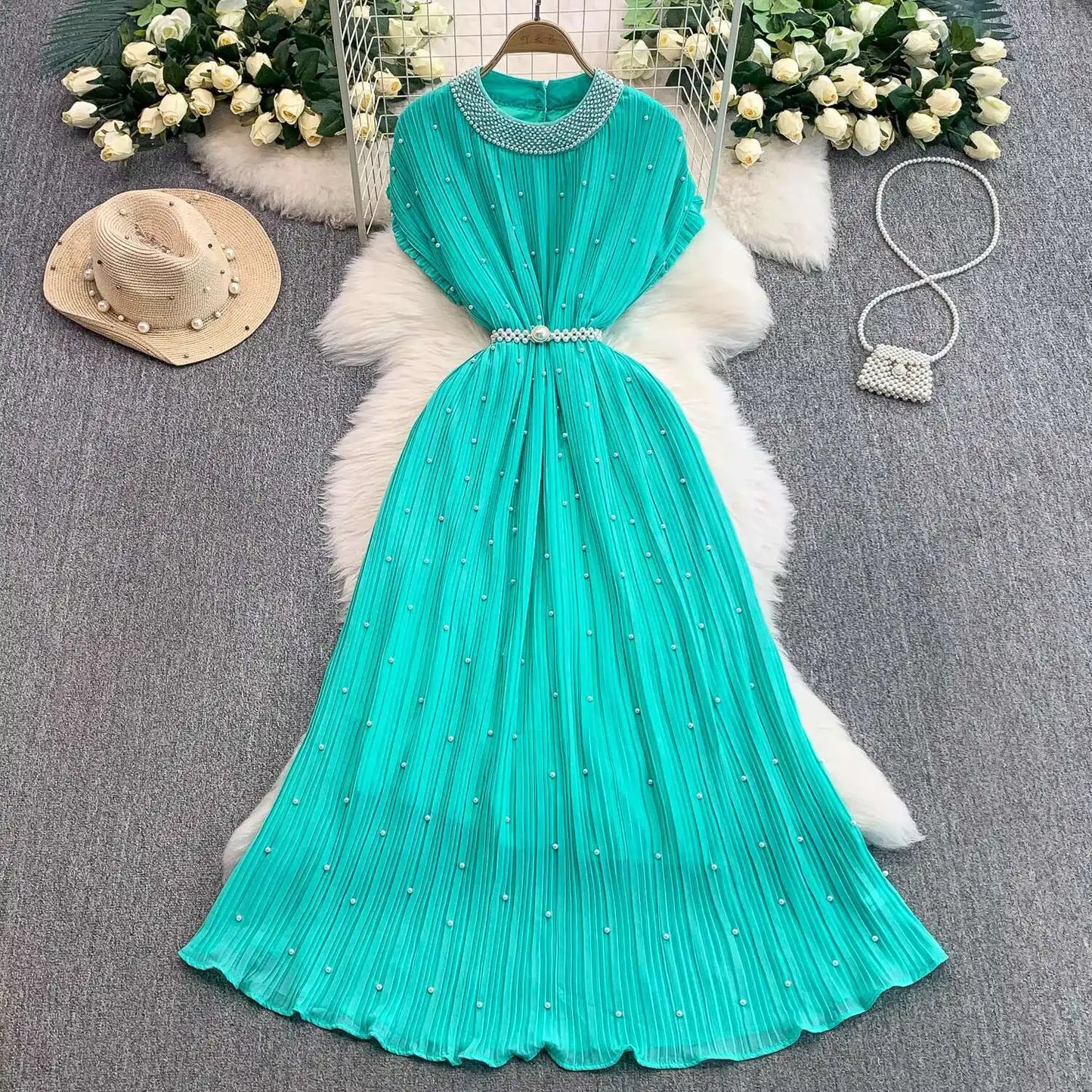 Summer Luxury Pearls Long Chiffon Dress For Women Loose Big Size Short Sleeve Crystal Birthday Evening Midi Pleated Dresses