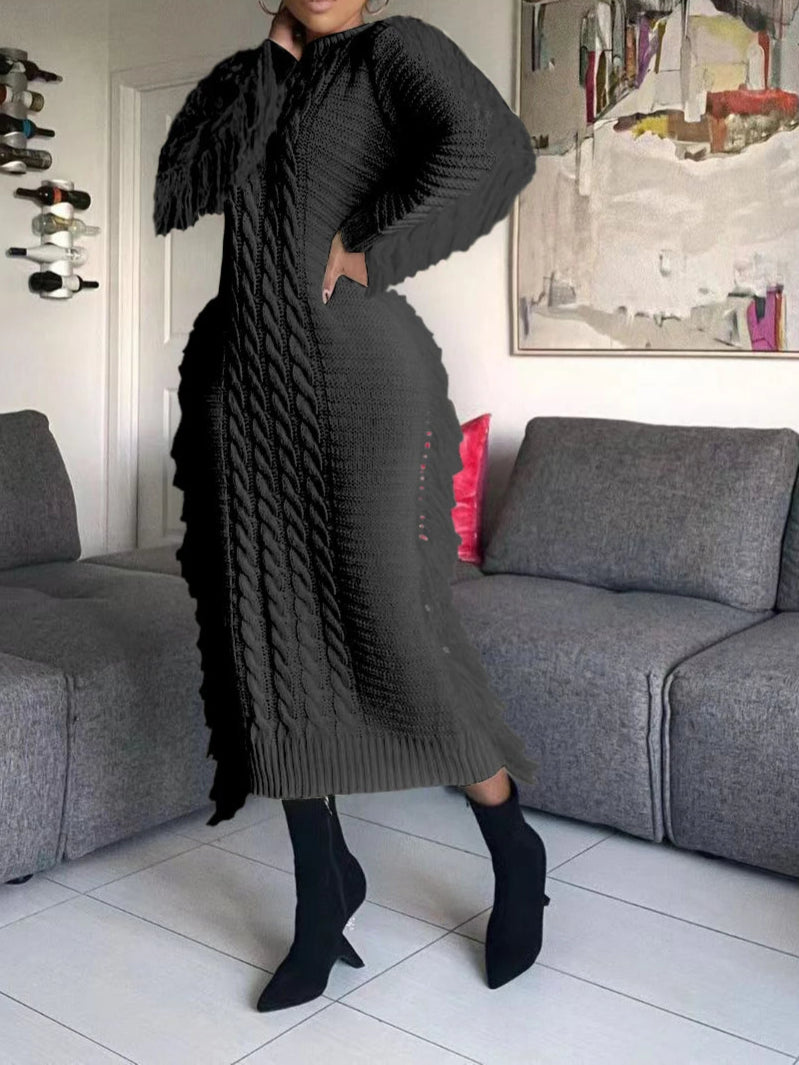 Women Long Sleeve Tassel Bodycon Midi Knit Dress O-neck Sweater Dress