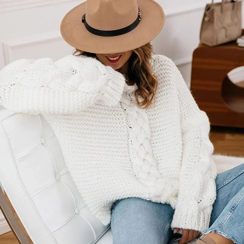 Loose Knitted Casual Sweater V Turtleneck Twist Women's Pullover Sweater