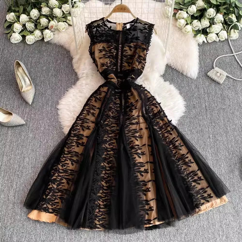 Solid Mesh Embroidery Dress Women's Sleeveless Round Neck Hollow Out Tulles Vestido