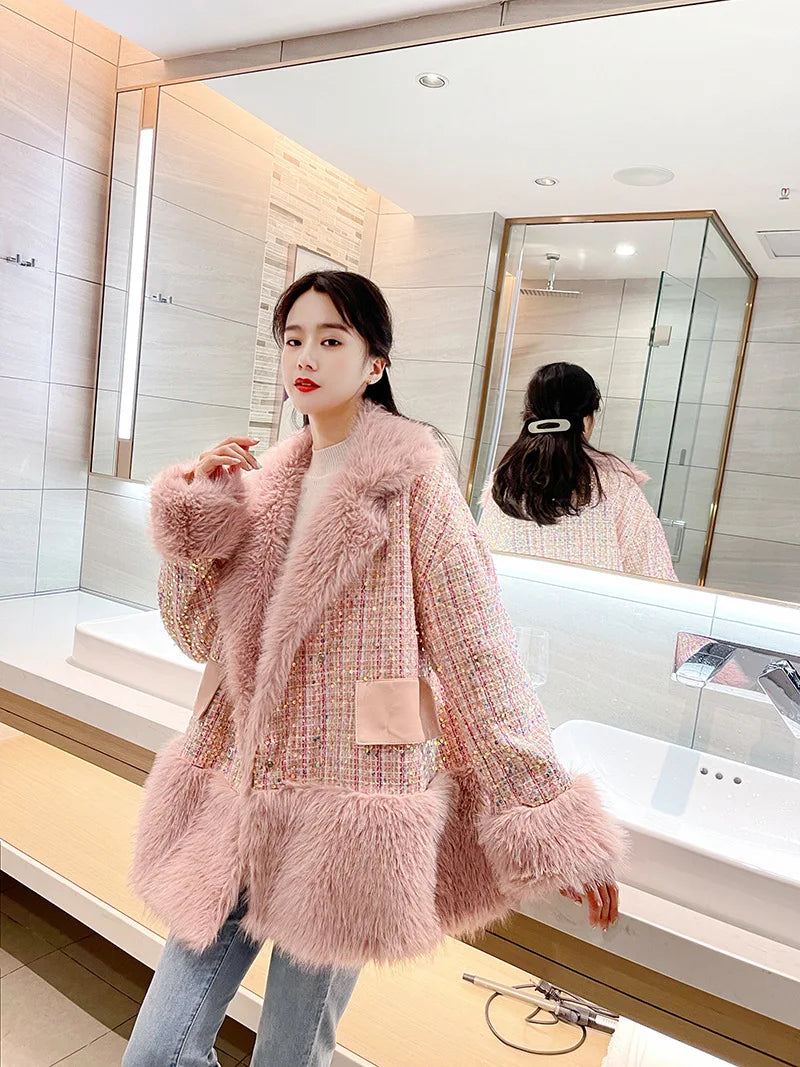 Glitter Coarse Wool Blended Fur Coat Long Sleeve Loose Coat