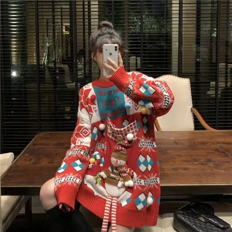 Knitted Pullover Loose Lazy Contrasting Colors Winter Sweater Christmas Sweater