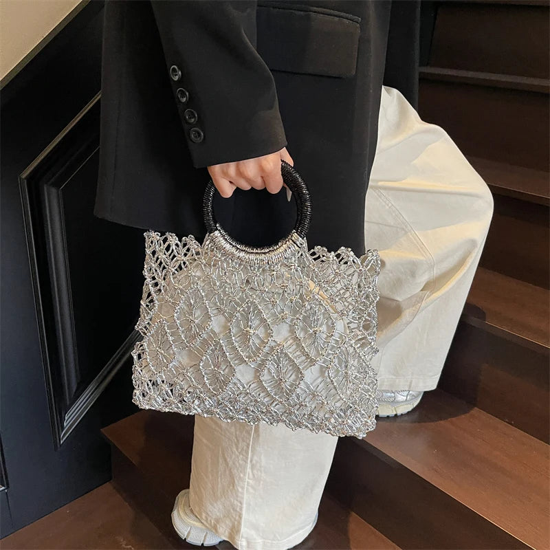 Handmade Woven Design Round Handle Handbags For Women