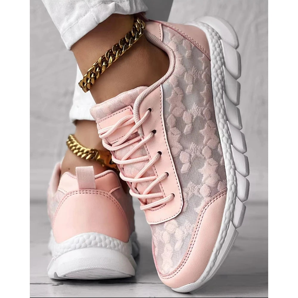 Women Star Pattern Lace-up Breathable Sneakers Daily Casual Round Toe White Sports Shoes Running Shoes
