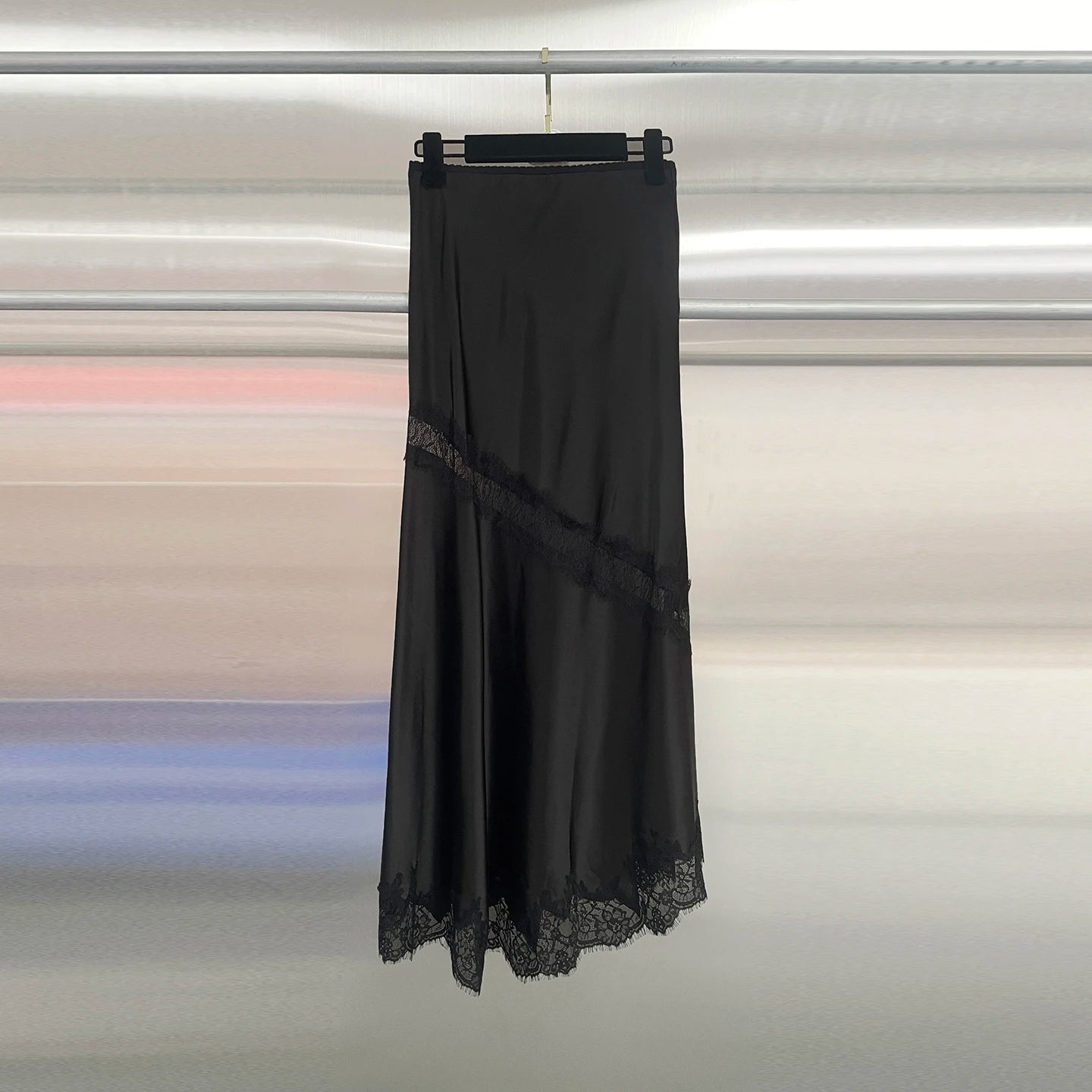 Sexy Asymmetrical Long Skirts Lace Hem Satin Skirt for Women