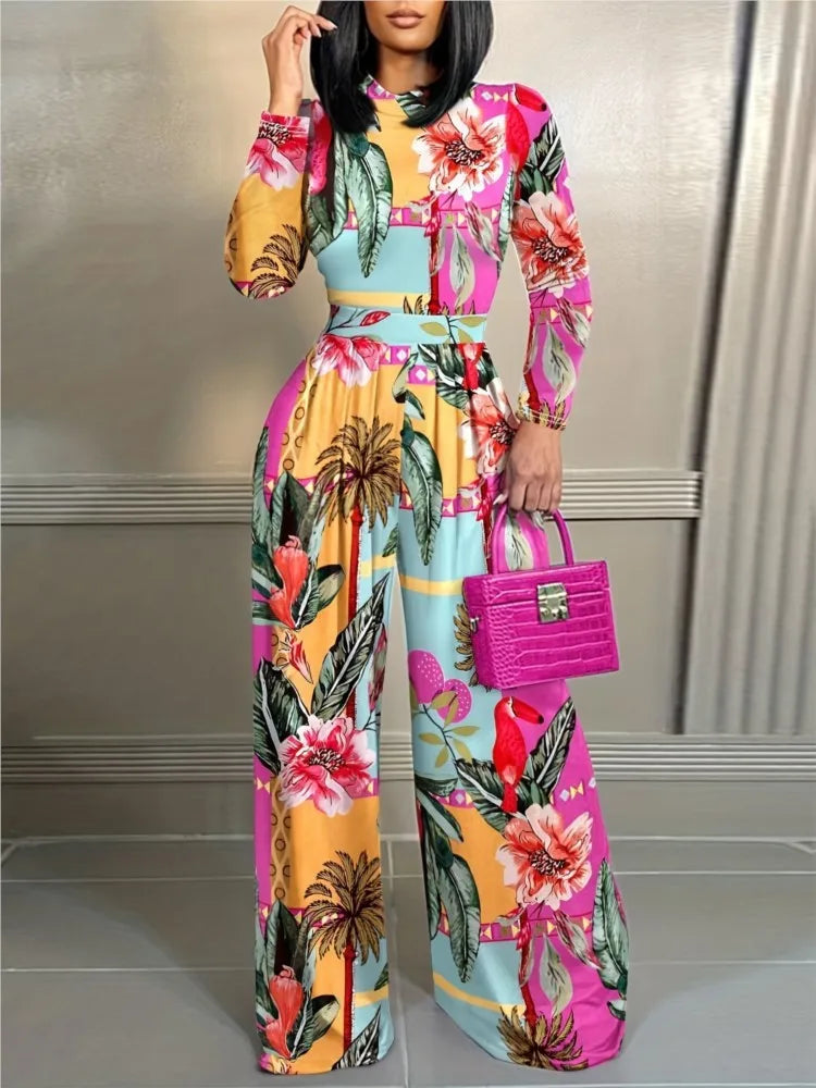 Elegant Women Stand Neck Wide Leg Rompers Casual Waist Jumpsuits Streetwear