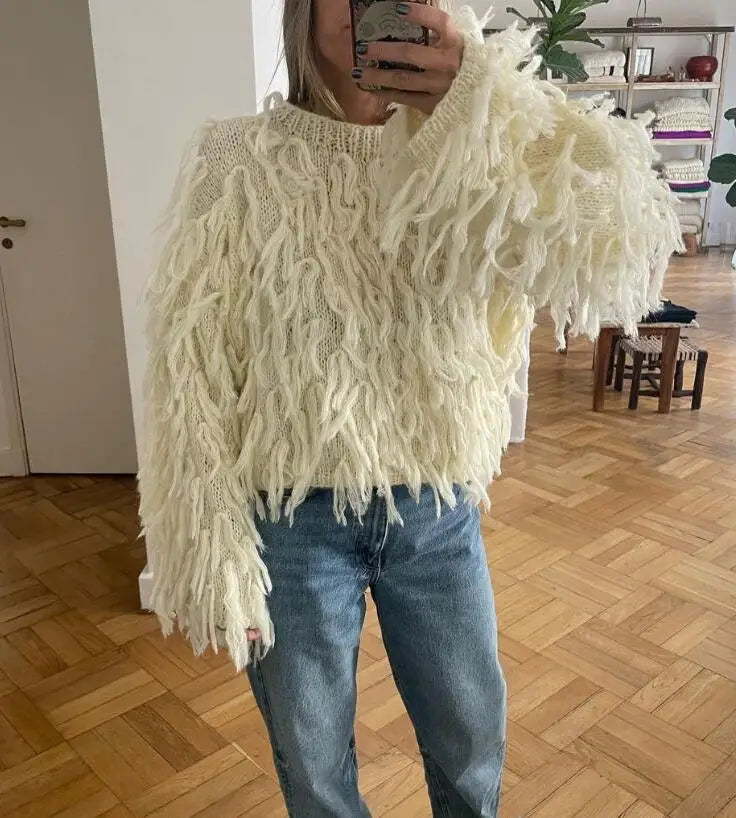 Tassels Design Solid Color Sweater Women Loose Knitted Pullover Jumper