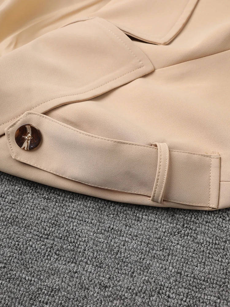 Women Khaki Pleated Elegant Trench New Lapel Long Sleeve Windbreaker Trench Coat