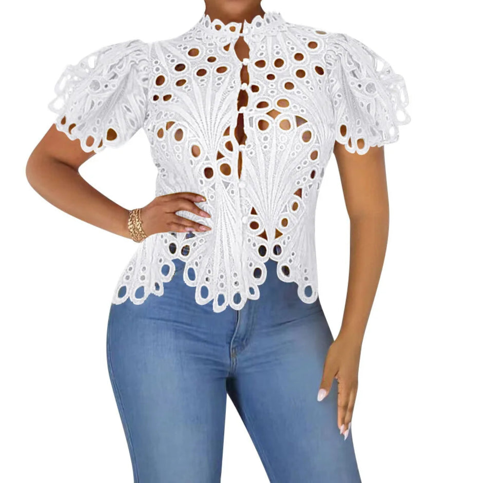 Summer Shirts For Women Elegant Short Sleeve Hollow Out Lace Sheer See Through Top Blouse