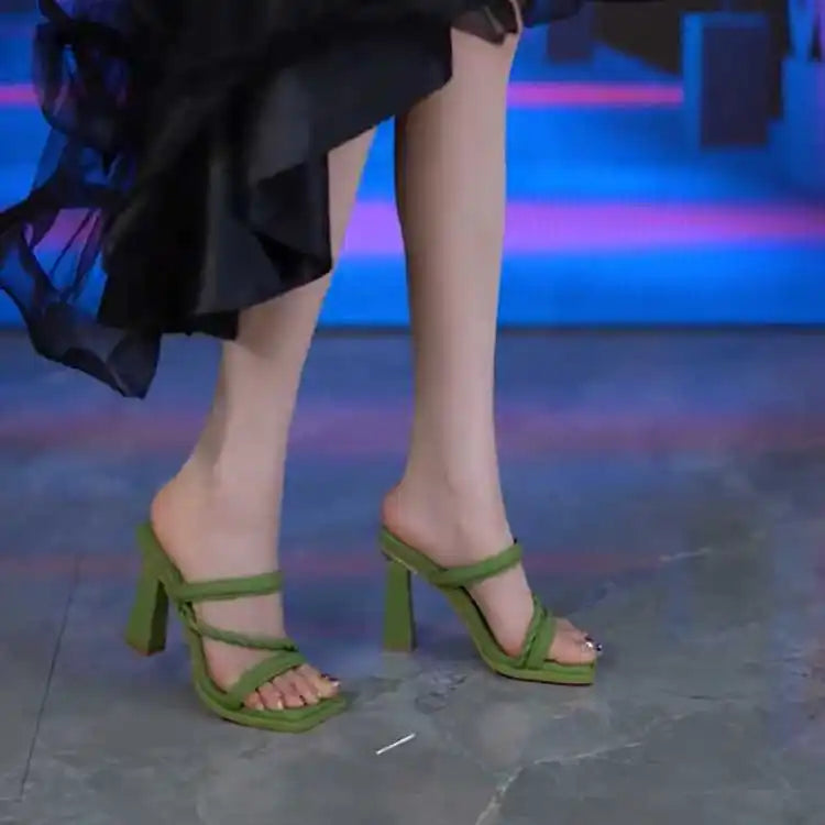 Heel Slippers for Women in Summer, Solid Square Heel High Heels
