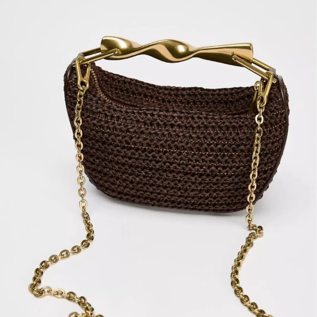Summer Rattan Half-Moon Beach Straw Shoulder Bags Women's Straw Bucket Bag Purse Woven Straw Handbags Casual Tote Crossbody Bag