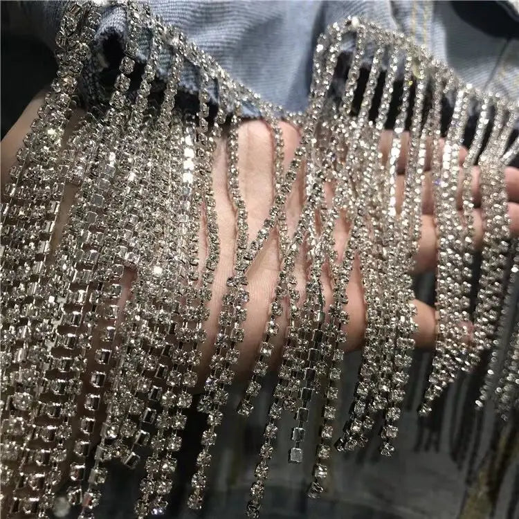 Heavy Industry Rhinestone Tassel Denim Jacket Women Outwear Jacket