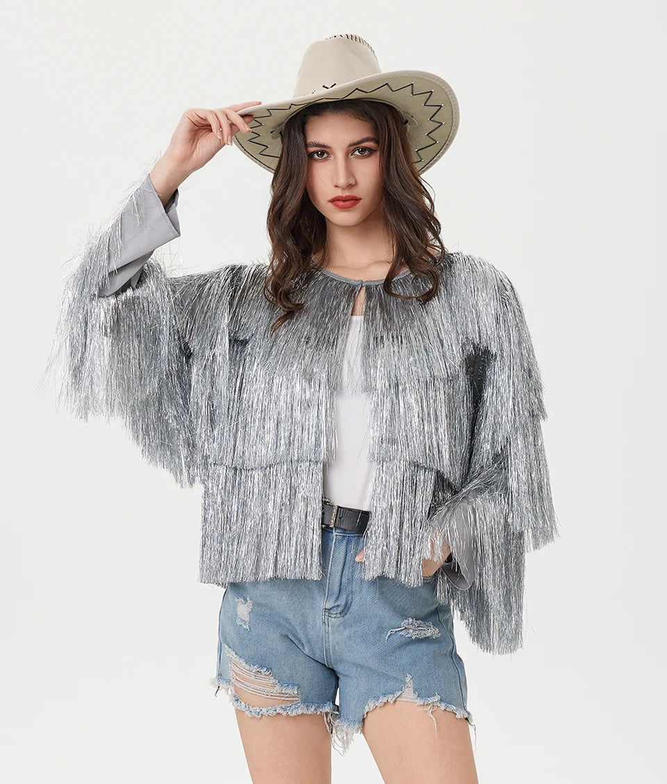 Tinsel Women Coat Temperament Club Coat Long Sleeve Trendy Fashion Sequins Tassel Jacket