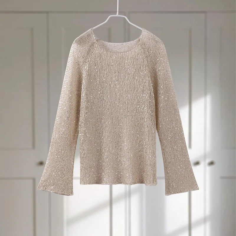 Sequins Hollow Out Pullovers Women Loose O-neck Long Sleeve Knit Sweaters