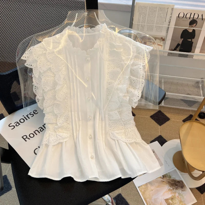 Flying Sleeve White Shirts Vintage Sleeveless Ruffled Lace Blouse for Woman