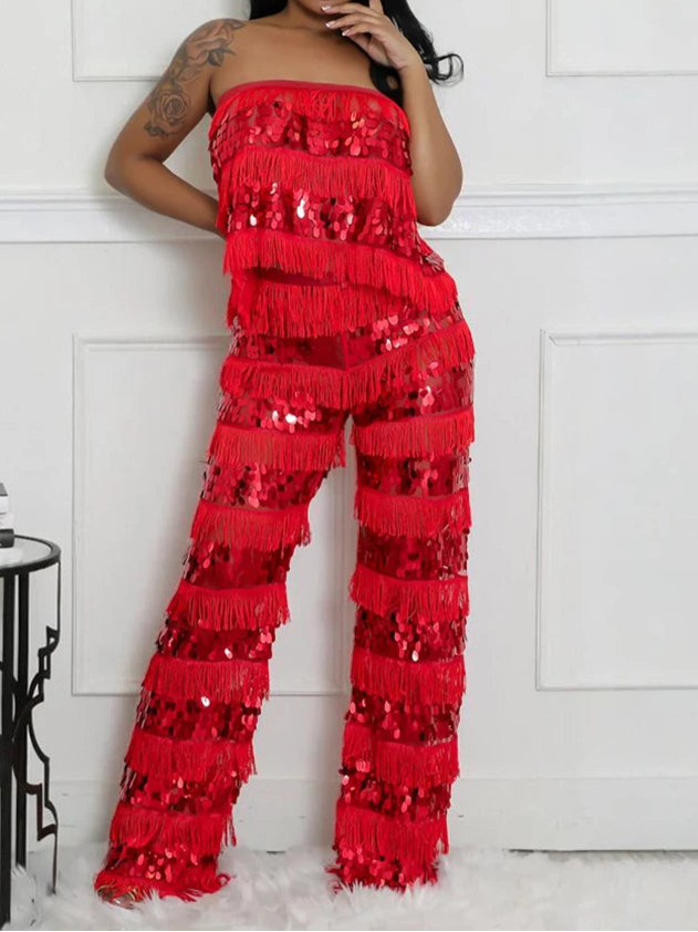 New Luxury Sequin Tassel Women Sleeveless Strapless Crop Tops and Wide Leg Pants Two 2 Piece Birthday Matching Sets