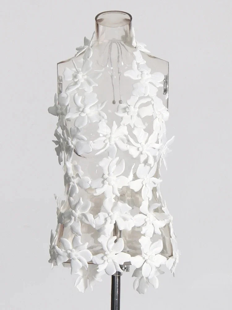 Spliced 3D Flower Cutout Sexy Vest for Women Halter Sleeveless Backless Off Shoulder Patchwork Lace Up Top