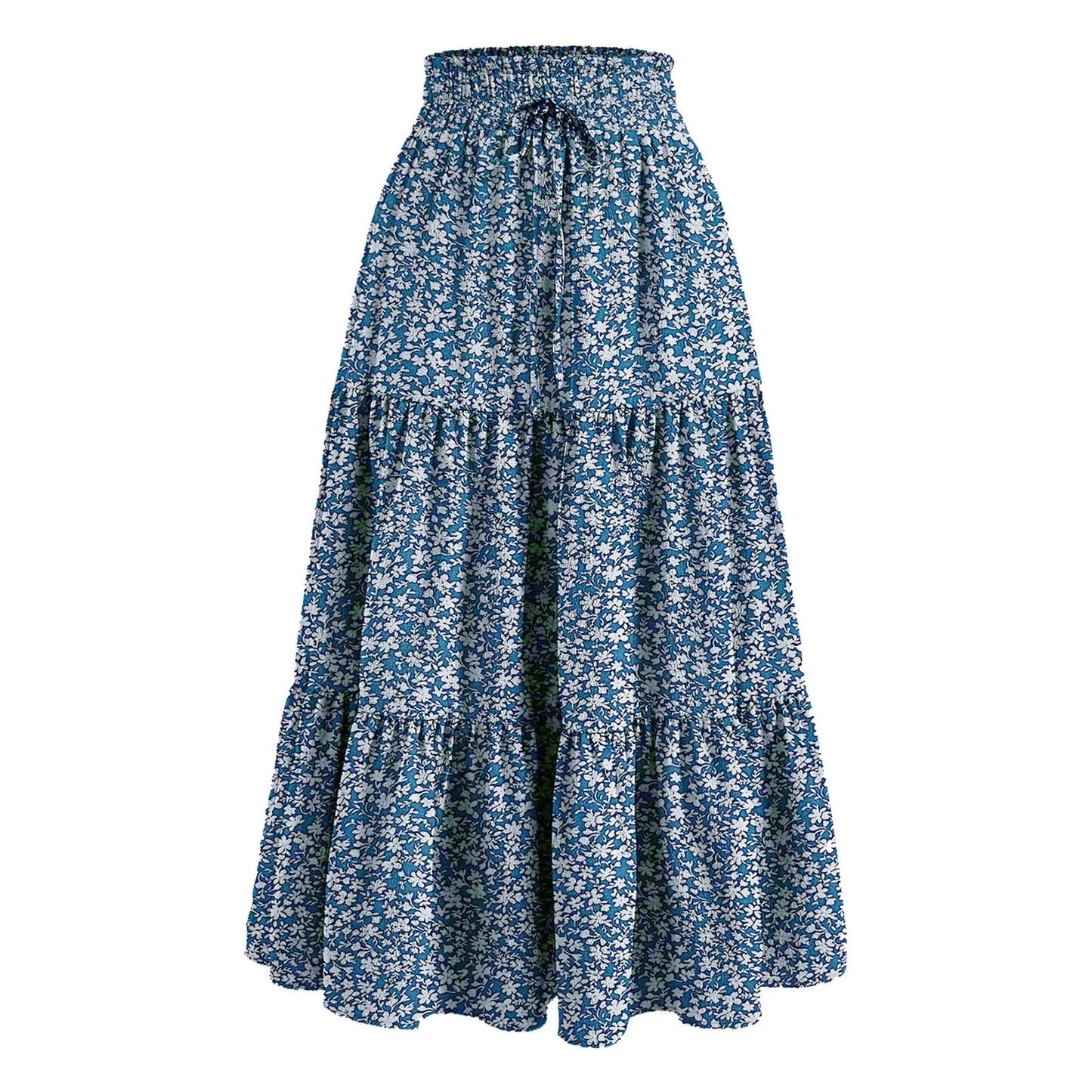 Women'S Boho Vintage Floral Print Maxi Skirt Elastic High Waist Pleated Flowy A Line Long Skirts