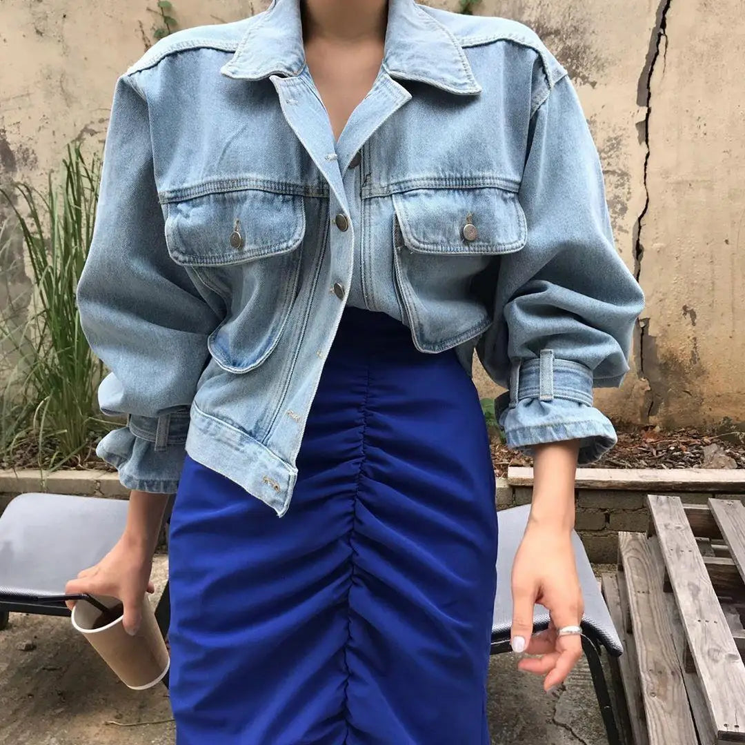 Denim Coats Jackets Women Puff Long Sleeve Y2k Clothes Cropped Jacket