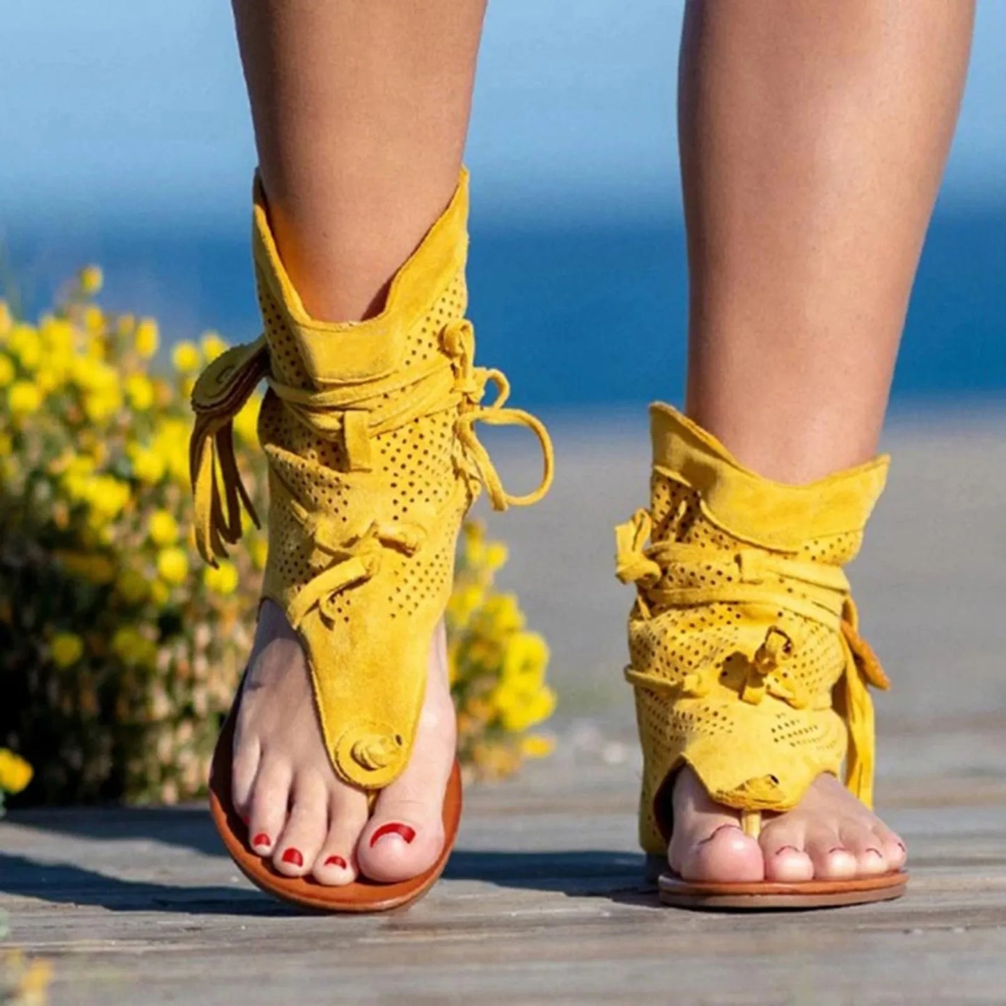 Sandals for Women Retro Bohemian Tassel Roman Beach Shoes Summer Clip Toe Gladiator Sandals