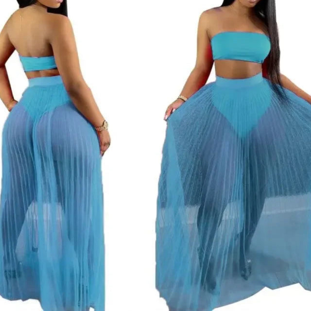 Women Mesh See Though Two Piece Set Sexy Beach Strapless Tops and Pleated Maxi Skirts Matching Set Summer Outfits