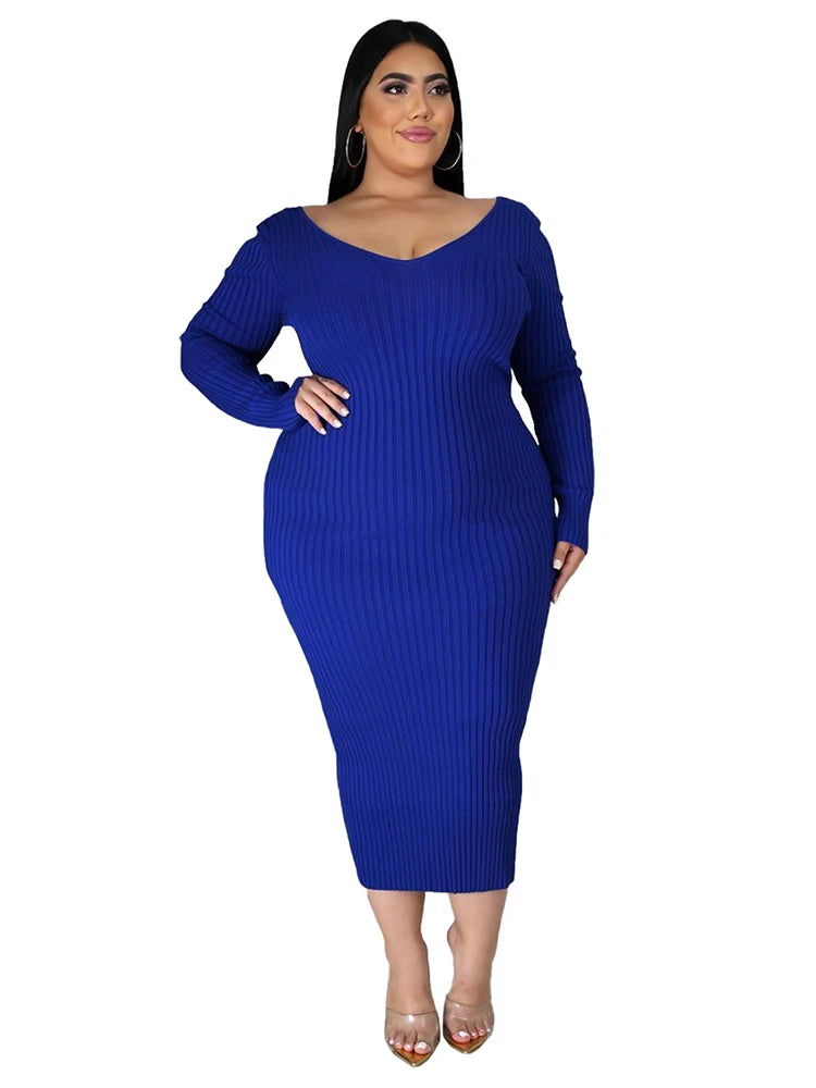 Ladies Knitted Sweater Dress Midi Dress Long Sleeves Chic and Elegant Plus Size Dresses