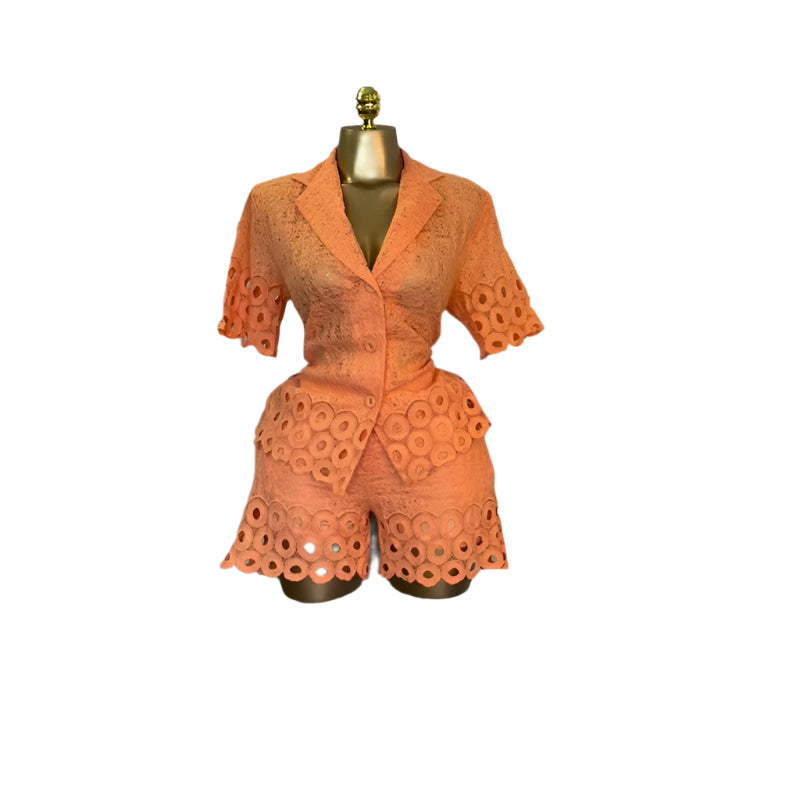 Lace Embroidery Women's Set half Sleeve Shirt and Shorts Two 2 Piece Sets Outfit