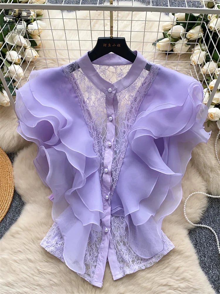 Ruffle Blouses Women French Style Single Breasted Lace Patchwork Shirt Summer Top