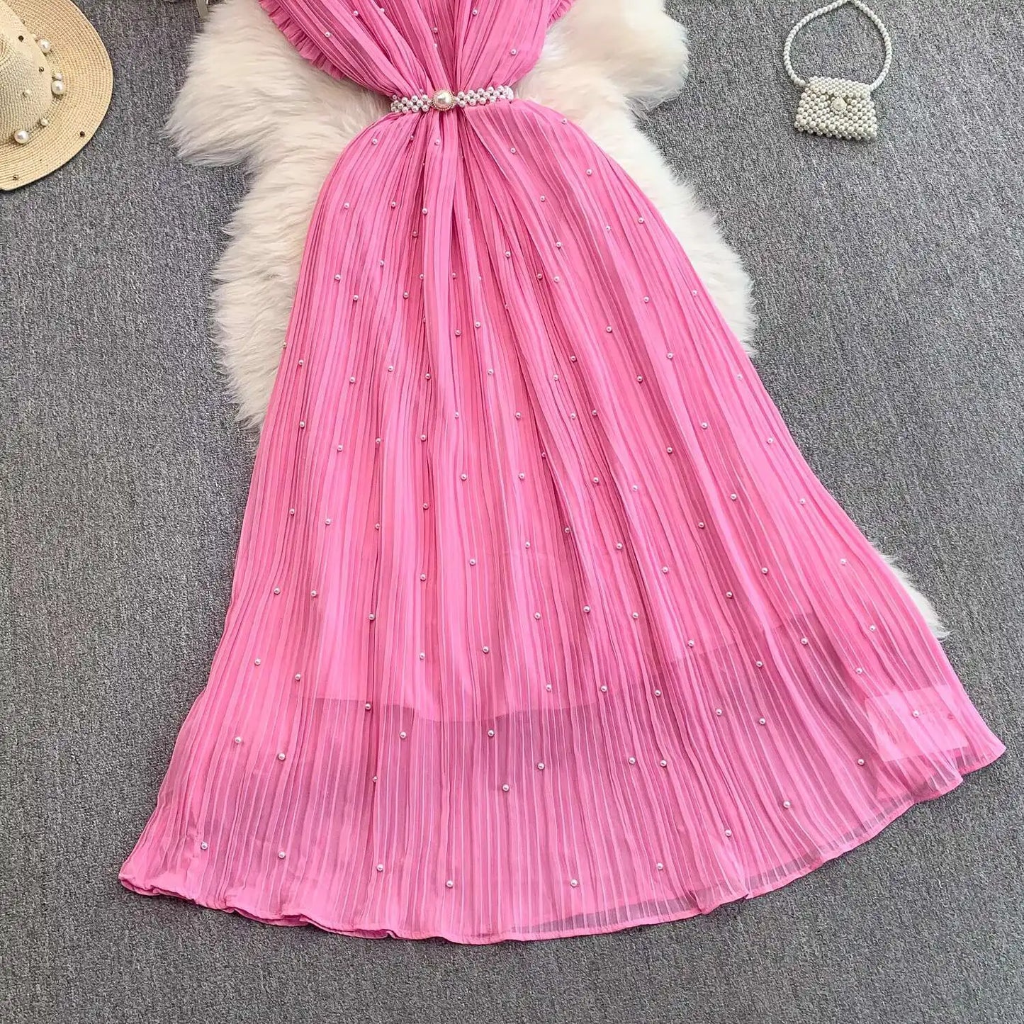 Summer Luxury Pearls Long Chiffon Dress For Women Loose Big Size Short Sleeve Crystal Birthday Evening Midi Pleated Dresses
