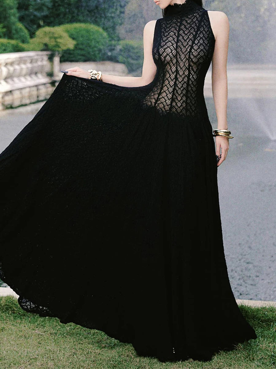 Solid Spliced Appliques Loose Maxi Dress For Women O Neck Sleeveless High Waist Dress