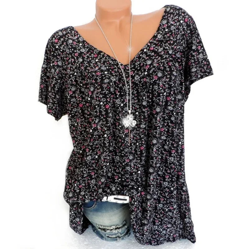 Loose Sleeveless Long Tank T-Shirt V-Neck Tops Floral Print Tees