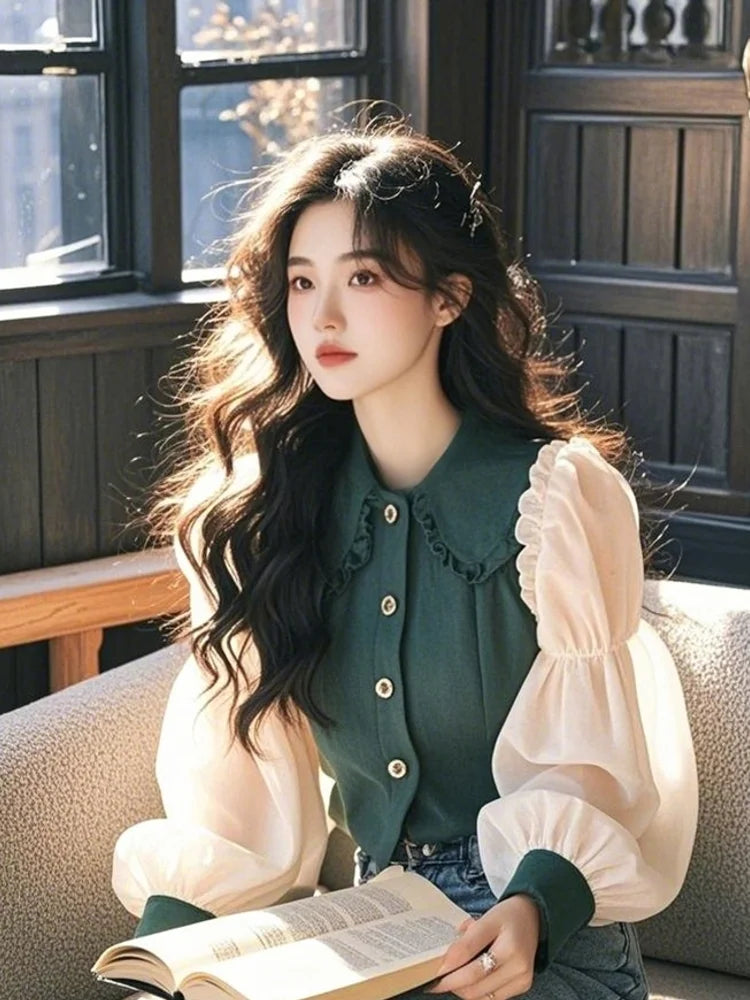 Vintage Women's Blouses Korean Shirts Loose Chiffon Patchwork Long Sleeve Ruffle Top