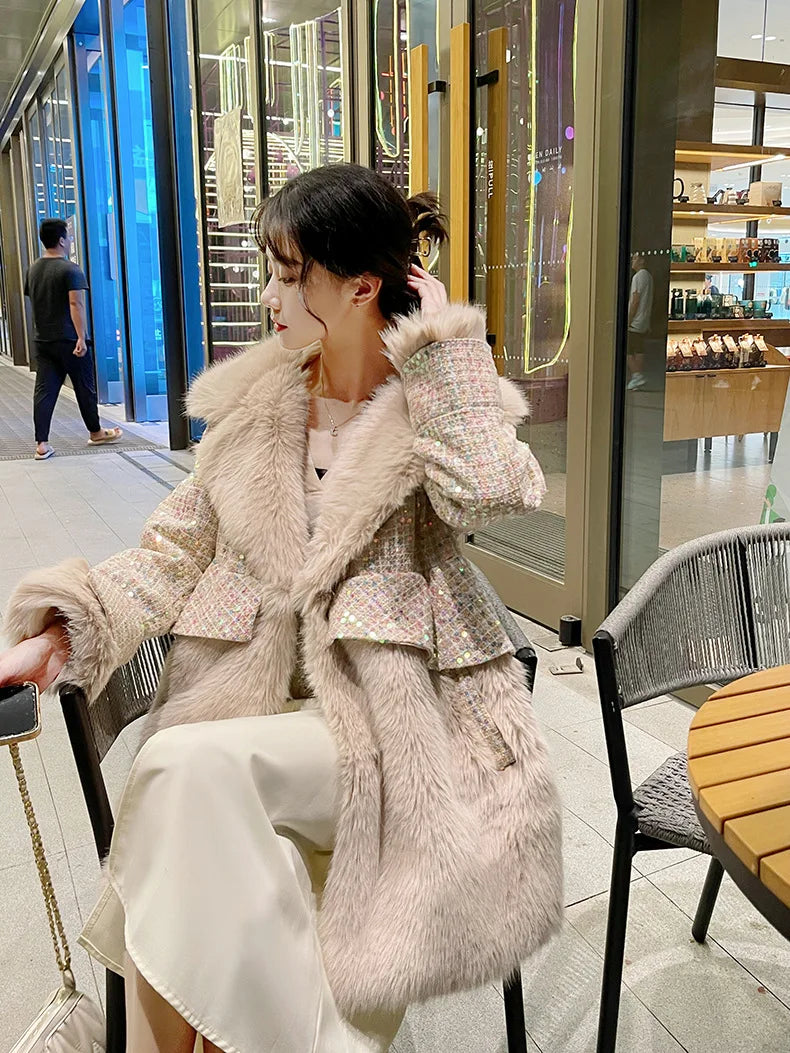 Winter Fur Coat Women Luxury Sequined Wool Faux Fur Long Jacket Fluffy Overcoat