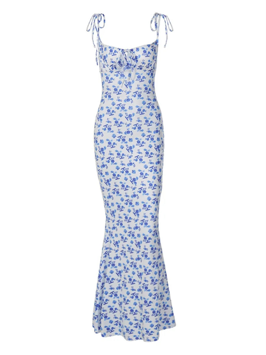 Women Elegant Floral Print Spaghetti Strap Dress with Drawstring Waist
