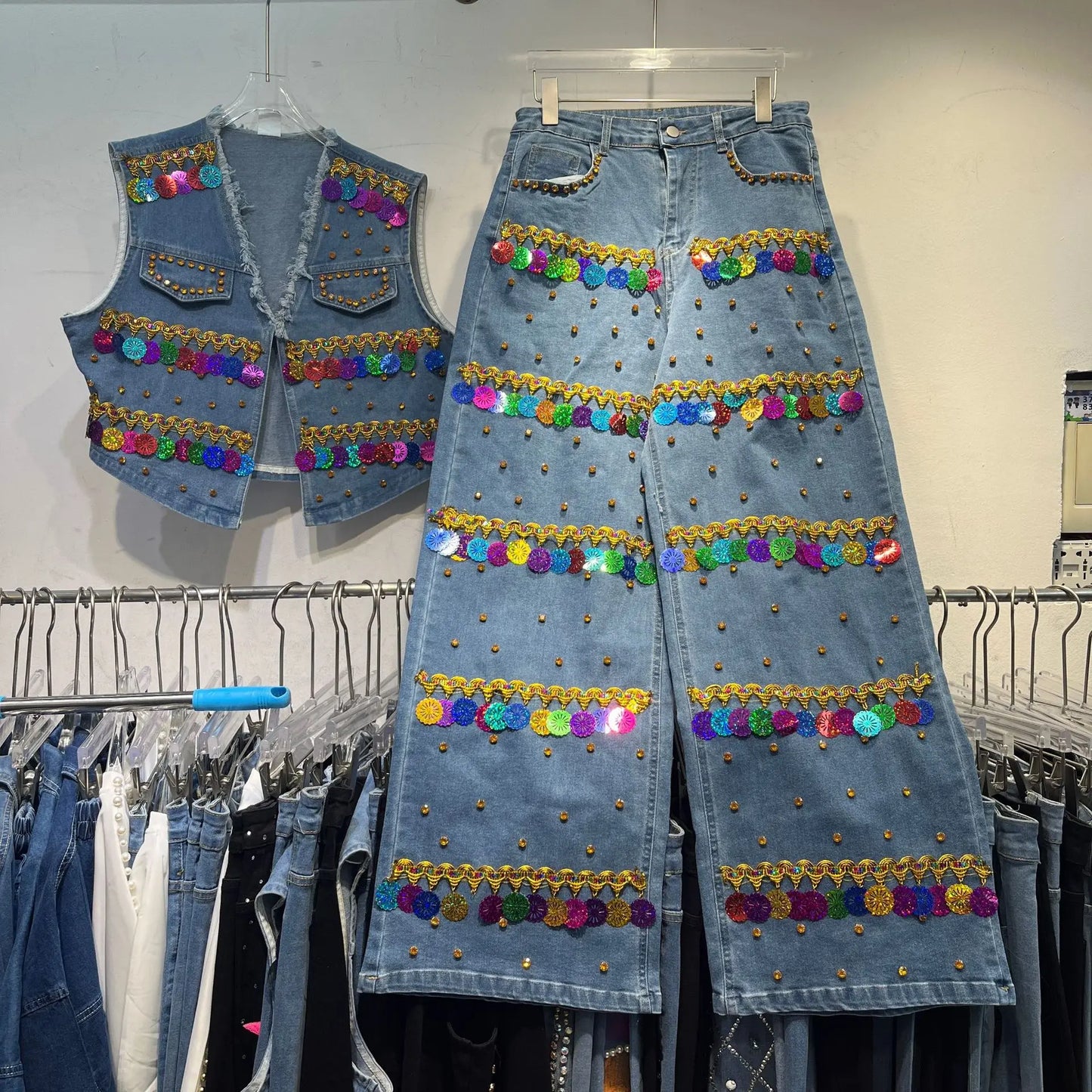 Sequined Denim Rhinestones Jeans Sleeveless Cowboy Vest + Jeans Pants