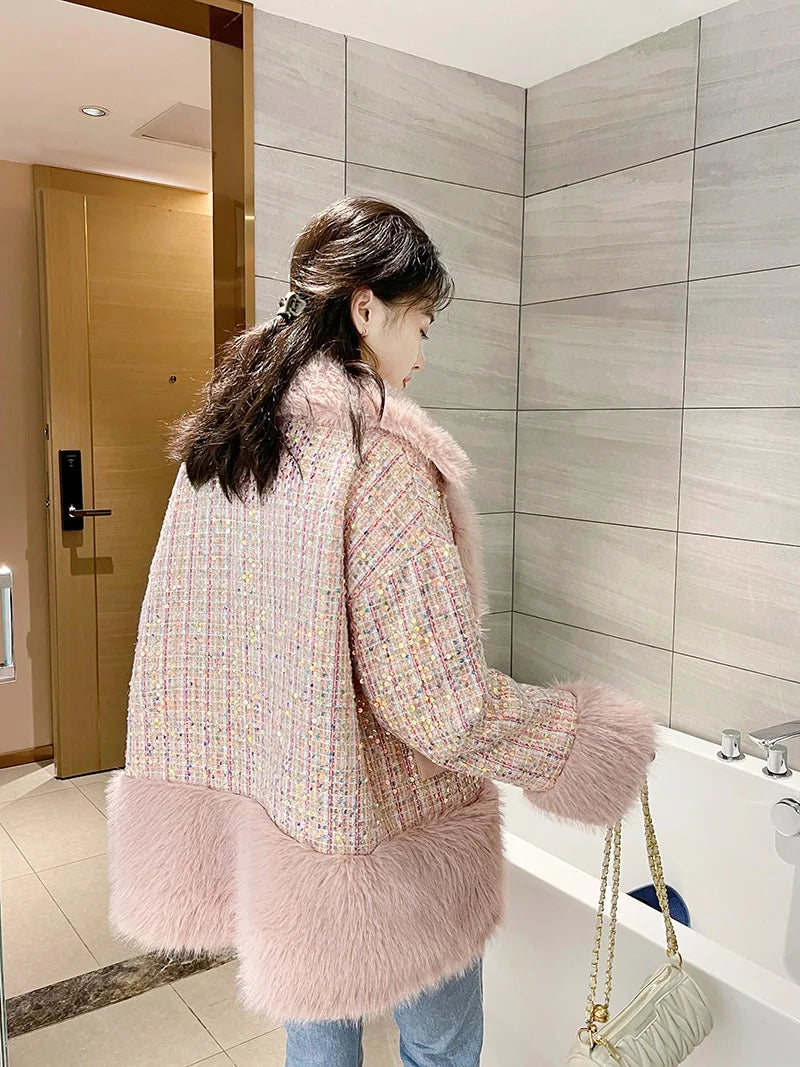 Glitter Coarse Wool Blended Fur Coat Long Sleeve Loose Coat