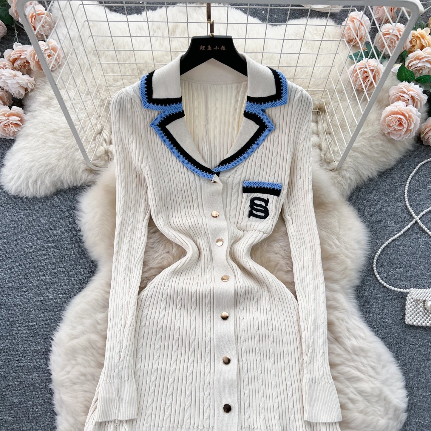 Women Polo Dress Single Breasted Pocket Design Bodycon Knitted Dress Sweater Midi Dress