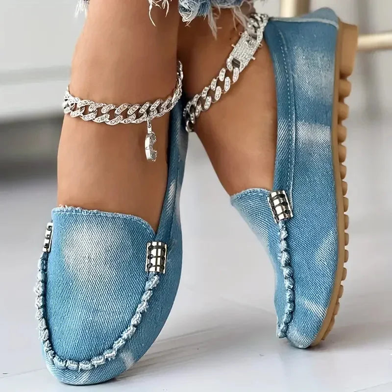 Women Denim Flats Round Toe Thick Bottom Walking Flat Shoes