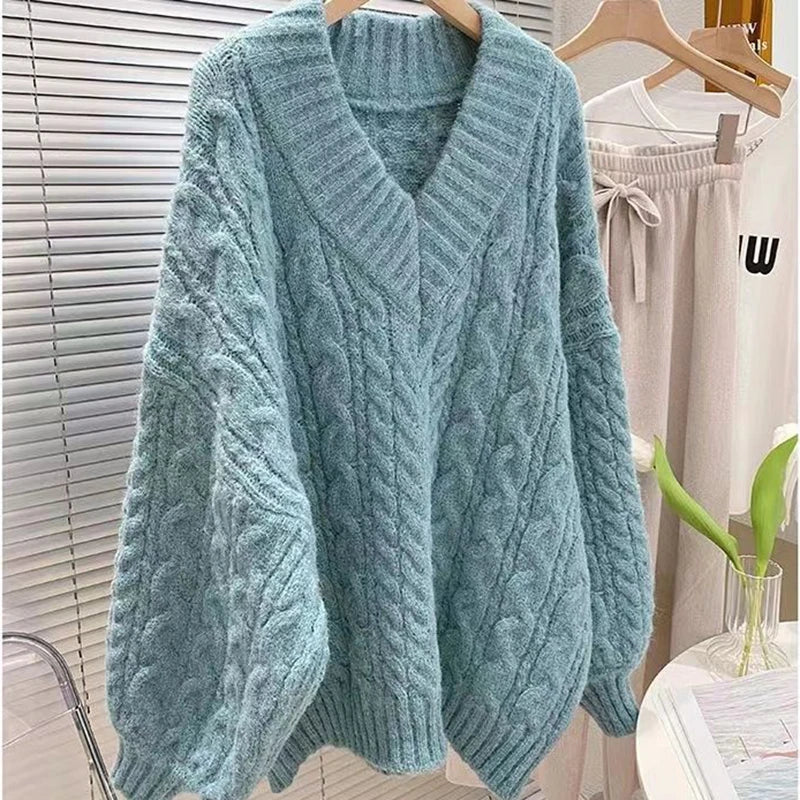 Harajuku Women Sweater Cute Oversized Knitted Pullover V Neck Sweater