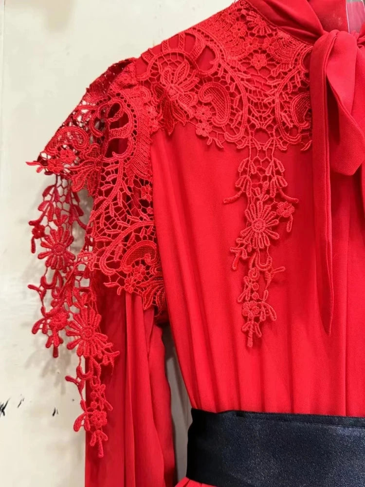 Sexy Long Sleeves Lace Patchwork Maxi Dress Women Red O Neck Folds A-line Cocktail Gown