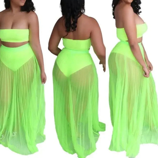 Women Mesh See Though Two Piece Set Sexy Beach Strapless Tops and Pleated Maxi Skirts Matching Set Summer Outfits