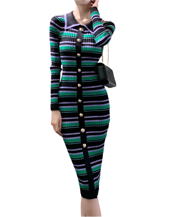 Stripes Knitted Dress Women Slim Elastic Bodycon Party Sweater Dresses