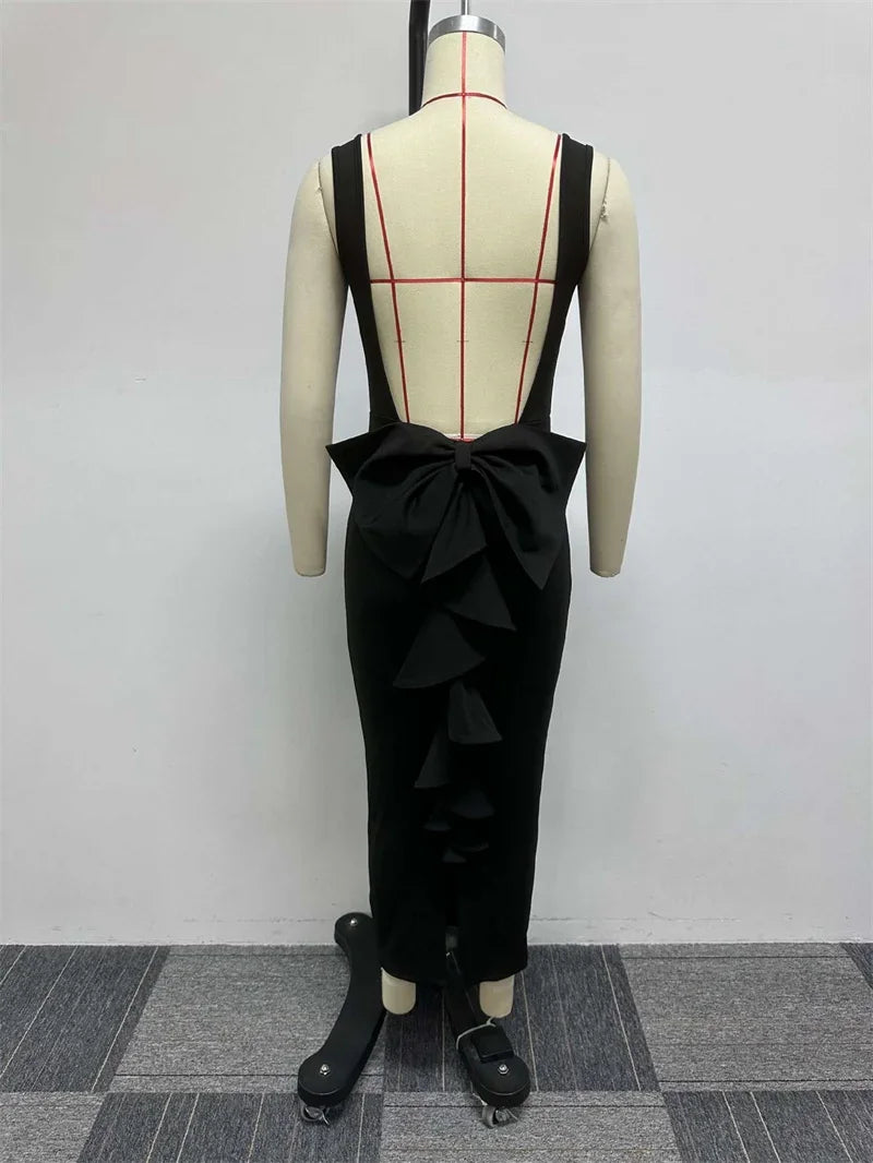 Sexy Plunging V-neck Backless Bowknot Ruffles Bodycon Midi Dresses for Women Party Night Elegant Club Celebrity Prom Dress