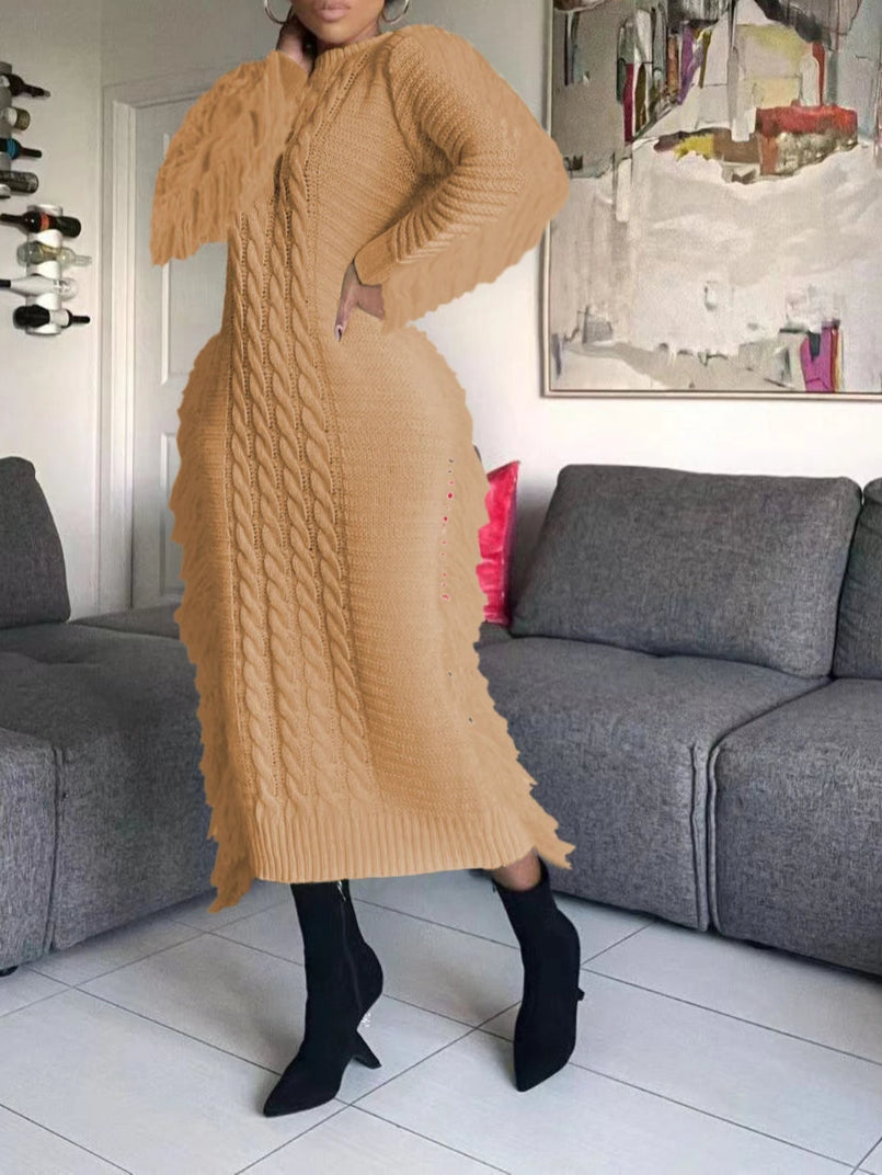 Women Long Sleeve Tassel Bodycon Midi Knit Dress O-neck Sweater Dress