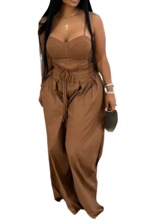 Sexy Zip Crop Camisole and High Waisted Drawstring Wide Leg Trousers 2 Piece Women Pants Suit Streetwear