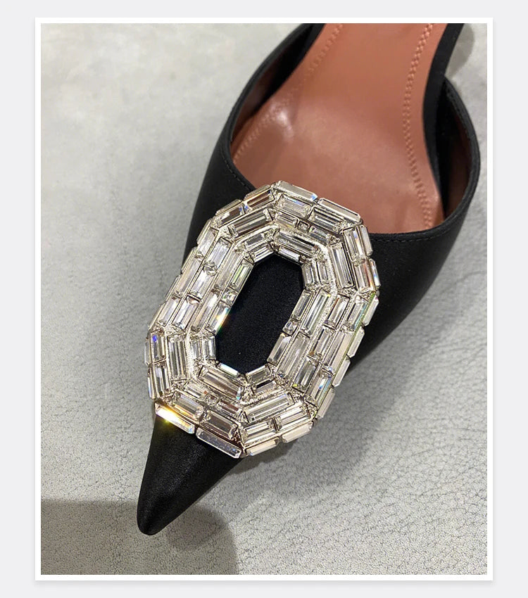 Oval Rhinestone Buckle Toe Sandals Pointed Thin Heel Hollow Banquet High Heels