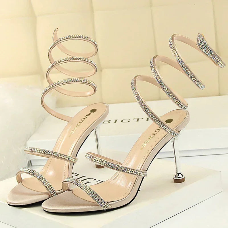 Women Luxury Party 8.5cm High Heels Summer Sexy Nightclub Sandals Female Red Green Ankle Strappy Roman Gladiator Crystal Sandles